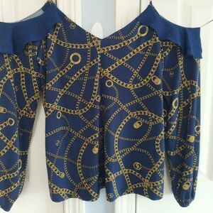 Michael Michael Kors Gold Chain Straps V Neck Cold Shoulder Blouse L